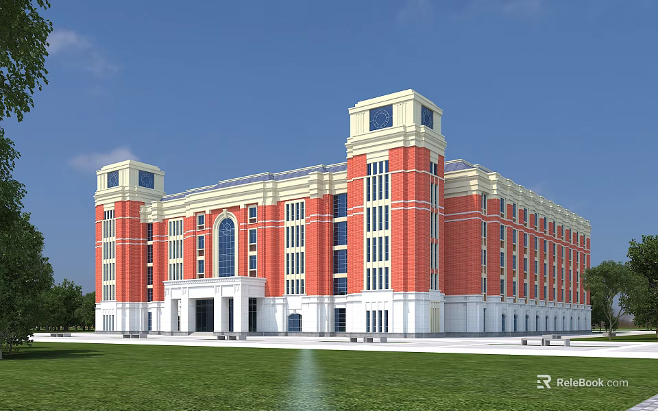 Red Brick School Building With White Accents Tower Design And Green Lawn 3d model 