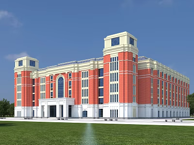 Red Brick School Building With White Accents Tower Design And Green Lawn 3d model