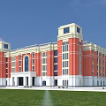 Red Brick School Building With White Accents Tower Design And Green Lawn