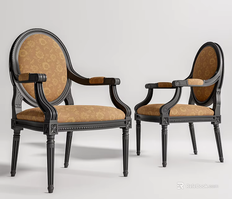 Classic Dining Chairs With Black Frame Armrests And Patterned Fabric Upholstery 3d model