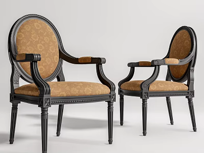Classic Dining Chairs With Black Frame Armrests And Patterned Fabric Upholstery 3d model