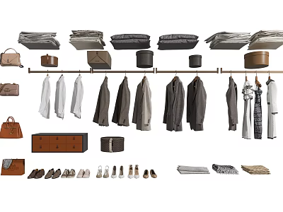 Organized Clothes Wardrobe With Hanging Coats Shirts Bags Shoes And Storage Boxes 3d model