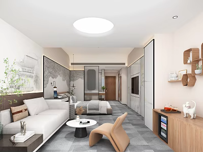 Modern Hotel Room Interior Design With Sofa Bed Coffee Table And Green Plants 3d model