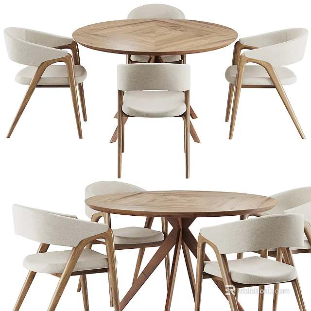 Stylish Round Wooden Dining Table Set With Four Upholstered Chairs And Wooden Frames 3d model 