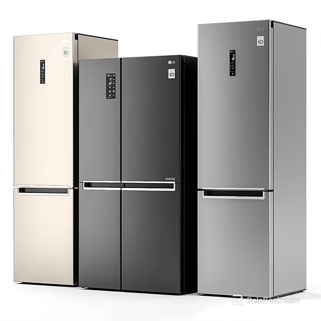 Sleek Multi Door Refrigerators And Freezers In Black Silver And Gold Tones 3d model 