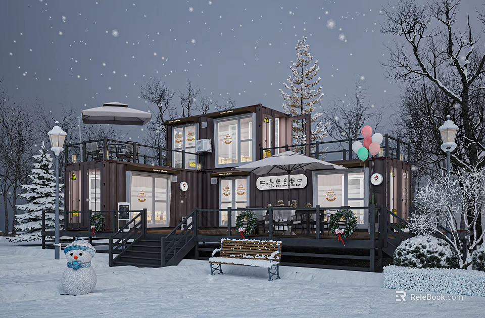 Snowy Winter Container Building With Terrace Bench Snowman Balloons And Christmas Tree 3d model 