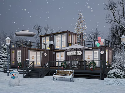 Snowy Winter Container Building With Terrace Bench Snowman Balloons And Christmas Tree 3d model