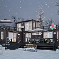 Snowy Winter Container Building With Terrace Bench Snowman Balloons And Christmas Tree