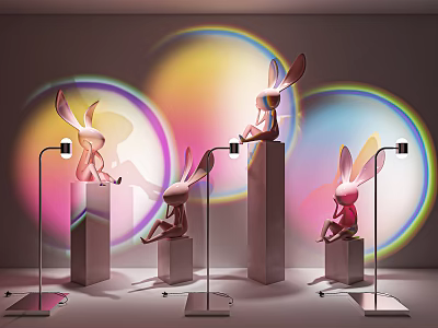 Modern Artistic Rabbit Shaped Floor Lamps with Cube Bases and Colorful Halo Projections 3d model