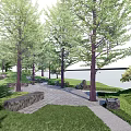 Lush Courtyard Garden With Tall Green Trees Lush Grass Stone Accents And Paved Pathway