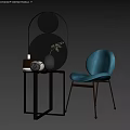 Elegant Luxurious Table Chair Set With Blue Velvet Chair Golden Metal Legs And Decorative Mirror