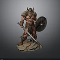 Muscular Viking Warrior Man Wearing Horned Helmet Holding Sword And Shield Standing On Rock Base