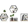 Geometric Wall Cabinets with Metal Frames Wooden Shelves and Decorative Plants Books Ornaments