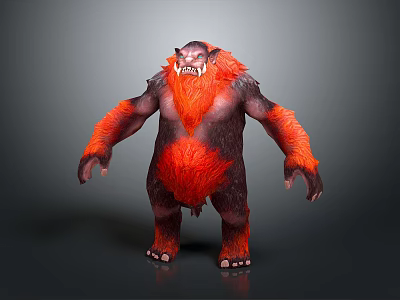3D Mythical Monster Character Model With Orange Dark Brown Fur Sharp Fangs And Muscular Body 3d model