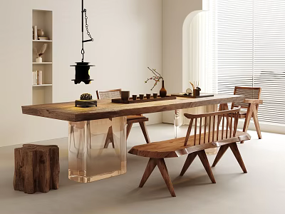 Modern Interior Wooden Tea Table and Chairs with Transparent Legs Tea Set and Wooden Stool 3d model