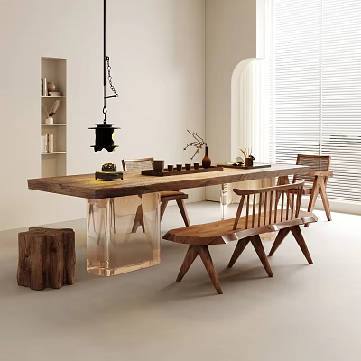 Modern Interior Wooden Tea Table and Chairs with Transparent Legs Tea Set and Wooden Stool 3d model