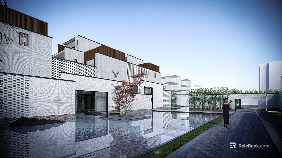 Townhouse Modern Exterior With White Wall Brown Roof Water Pool Red Tree Bamboo Stone Pathway 3d model 