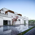 Townhouse Modern Exterior With White Wall Brown Roof Water Pool Red Tree Bamboo Stone Pathway