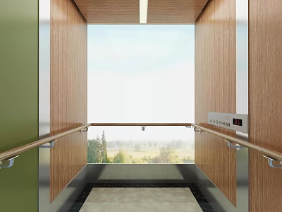 Modern Elevator Interior With Wooden Walls Stainless Steel Handrails And Large Window View 3d model