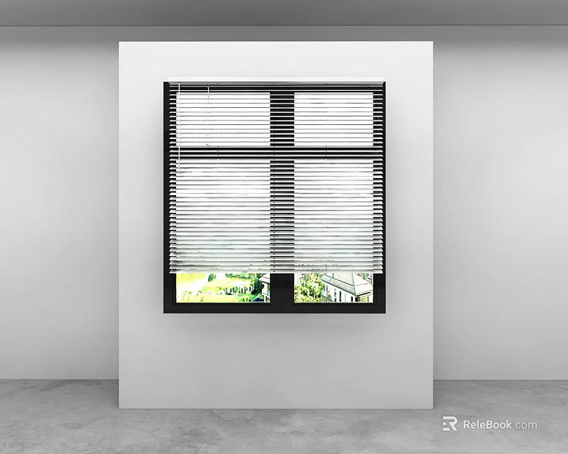 White Window Blinds Installed On Window With Green Landscape Outside White Wall 3d model 