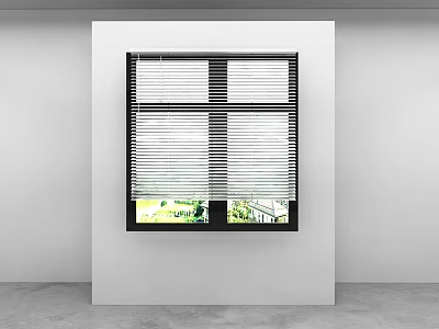 White Window Blinds Installed On Window With Green Landscape Outside White Wall 3d model