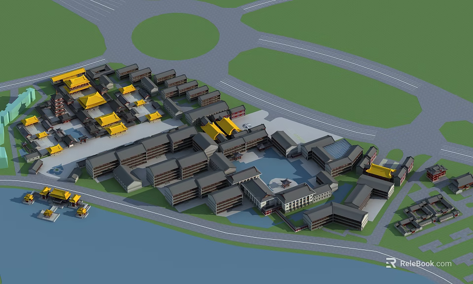 Ancient Architecture Complex With Traditional Layout Waterfront Area And Road Network 3d model