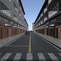 Traditional Chinese Commercial Street With Wooden Storefronts Chinese Signs And Car On Zebra Crossing Road