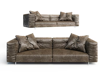 Brown Leather Two Seater Sofa With Decorative Pillows Modern Style Sturdy Metal Legs 3d model