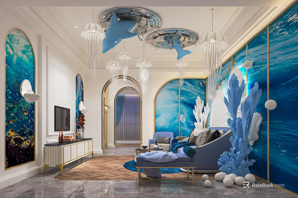 Elegant Hotel Room Interior With Ocean Theme Coral Decor And Chandeliers 3d model 