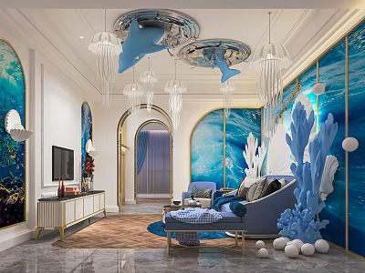 Elegant Hotel Room Interior With Ocean Theme Coral Decor And Chandeliers 3d model
