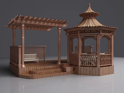 Traditional Outdoor Wooden Garden Pavilion Featuring Pergola Bench And Steps Railing 3d model