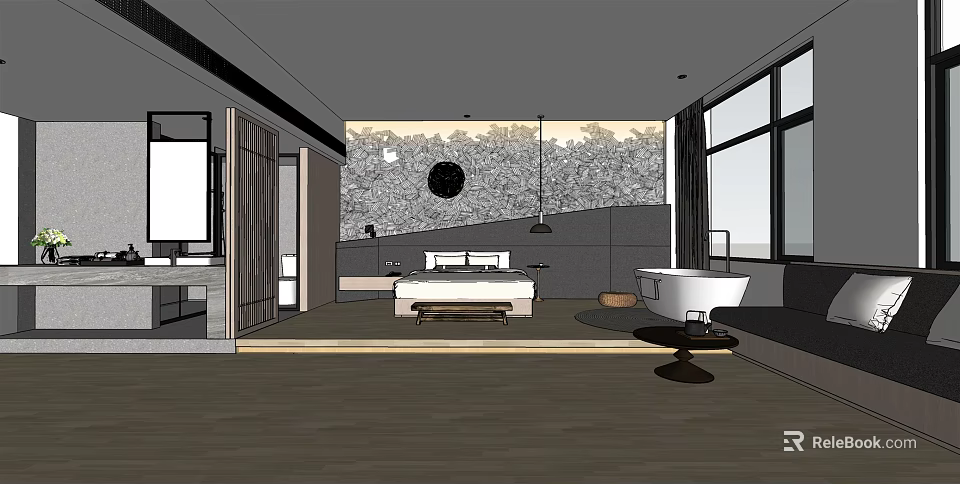 Modern Hotel Guest Room Interior With King Bed Free Standing Bathtub And Large Windows 3d model 
