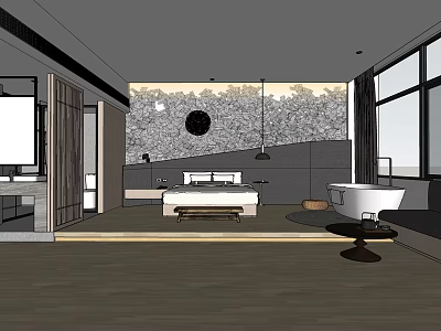 Modern Hotel Guest Room Interior With King Bed Free Standing Bathtub And Large Windows 3d model