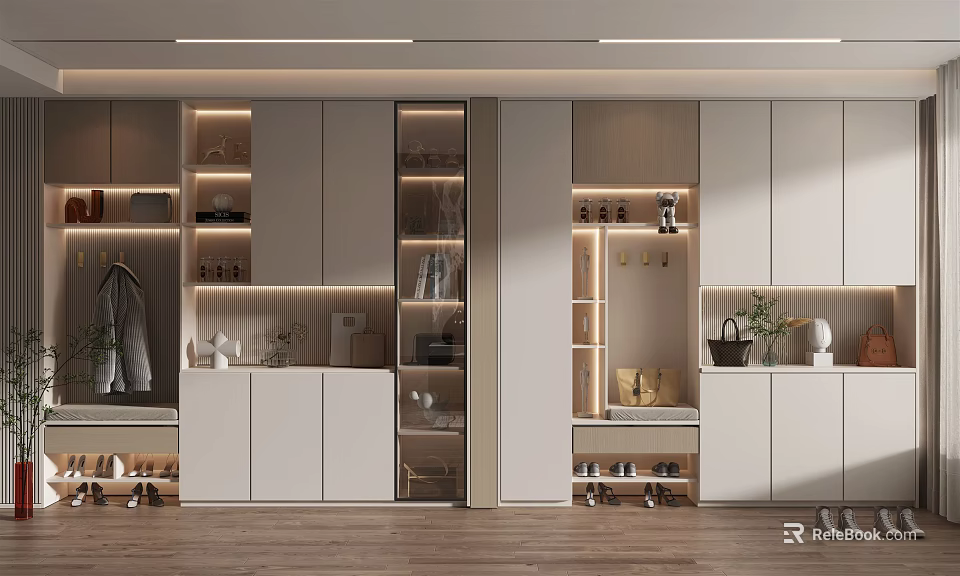 Modern Shoe Cabinet Design With Storage Shelves Hanging Rod And Display Compartments 3d model 