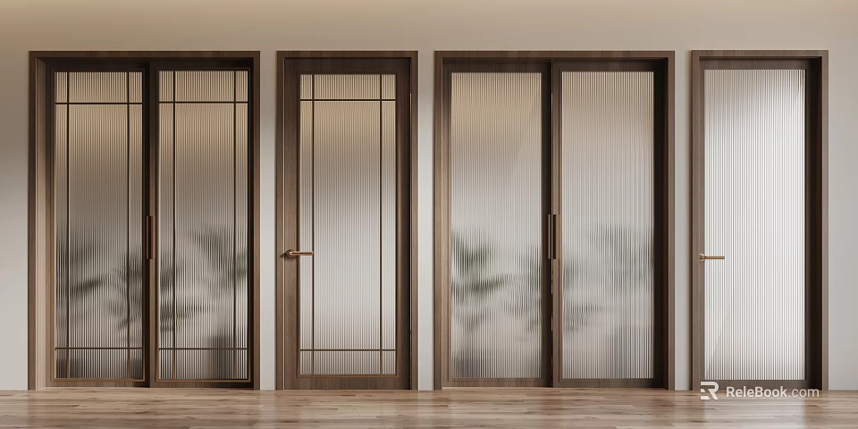 Modern Sliding Doors With Wooden Frames And Ribbed Glass Panels For Interior Design 3d model 