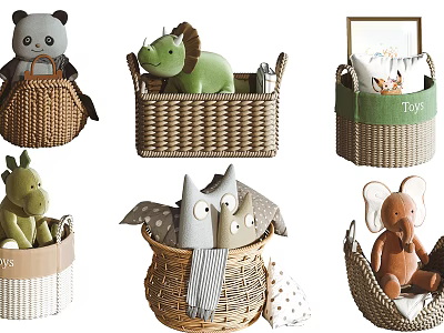 Decorative Woven Storage Baskets Filled With Stuffed Animals 3d model