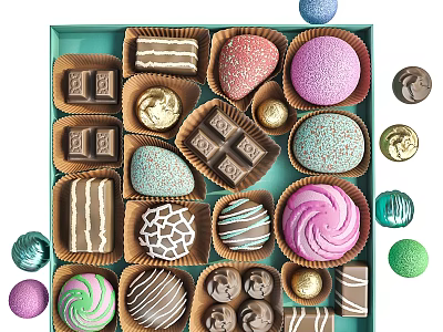 Delicious Colorful Assorted Chocolates With Various Decorations Arranged In Green Box 3d model