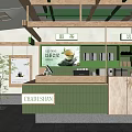 Modern Bubble Tea Shop With Wooden Elements Green Beige Counter Shelves Cups And Plant