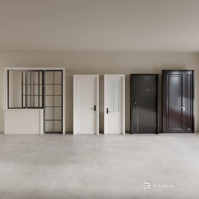 Various Design Hinged Doors Including White Black Dark Brown Glass Panel Solid Styles 3d model 
