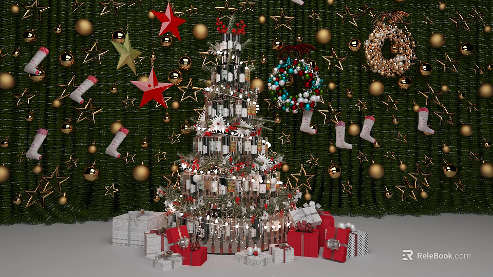 Christmas Tree Decorated With Stars Stockings Wreaths And Gifts On Green Background 3d model 