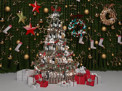 Christmas Tree Decorated With Stars Stockings Wreaths And Gifts On Green Background 3d model