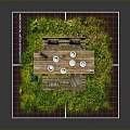 Outdoor Wooden Dining Table With Teacups Bench Grass White Flowers And Plaid Border
