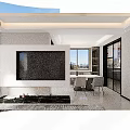 Modern Living and Dining Room Interior With Large TV Sofa Coffee Table And Decorative Paintings