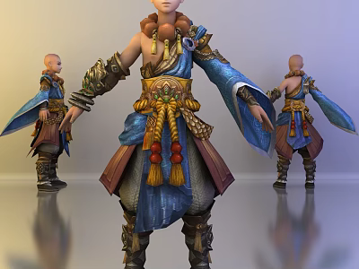 Game Character 3D Model With Blue Robe Brown Outfit Ornate Belt And Armor Details 3d model