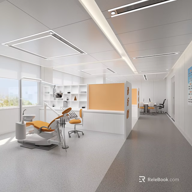 Modern Dental Clinic Interior With Dental Chair Orange Counter White Cabinets And Workstation Area 3d model 