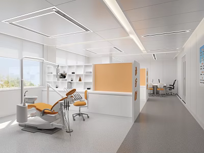 Modern Dental Clinic Interior With Dental Chair Orange Counter White Cabinets And Workstation Area 3d model