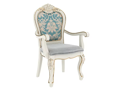 Classic White Dining Chair With Carved Armrests Blue Floral Backrest And Grey Cushion 3d model