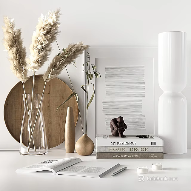 Modern Decorative Accessories Set With Pampas Grass Glass Vase Wooden Tray And Home Decor Books 3d model 