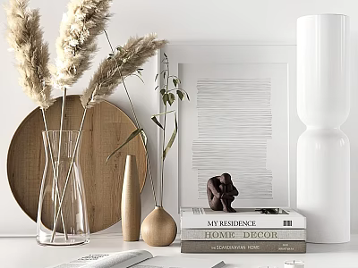 Modern Decorative Accessories Set With Pampas Grass Glass Vase Wooden Tray And Home Decor Books 3d model