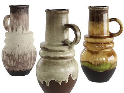 Three Artistic Ceramic Vases With Handles And Textured Glaze In Various Colors 3d model